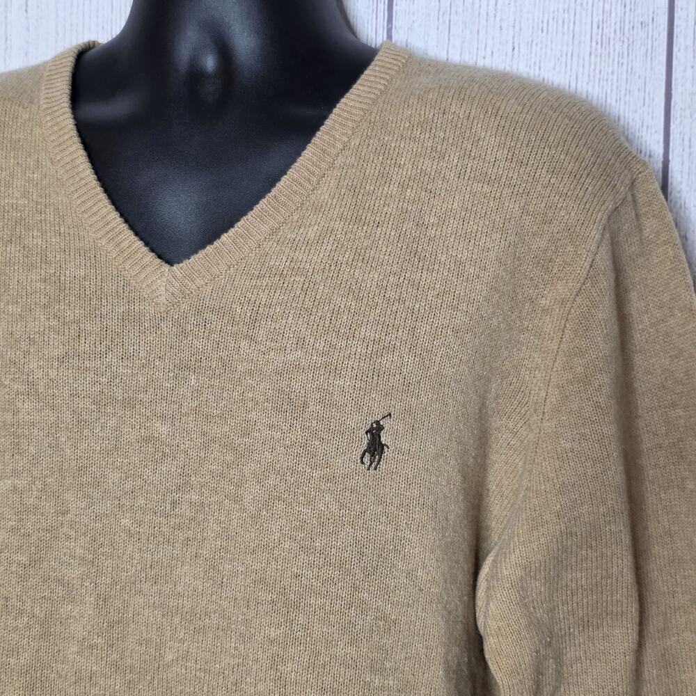 Polo Ralph Lauren Mens XL Lambswool Sweater Camel Tan V Neck Pony Preppy - Picture 2 of 6